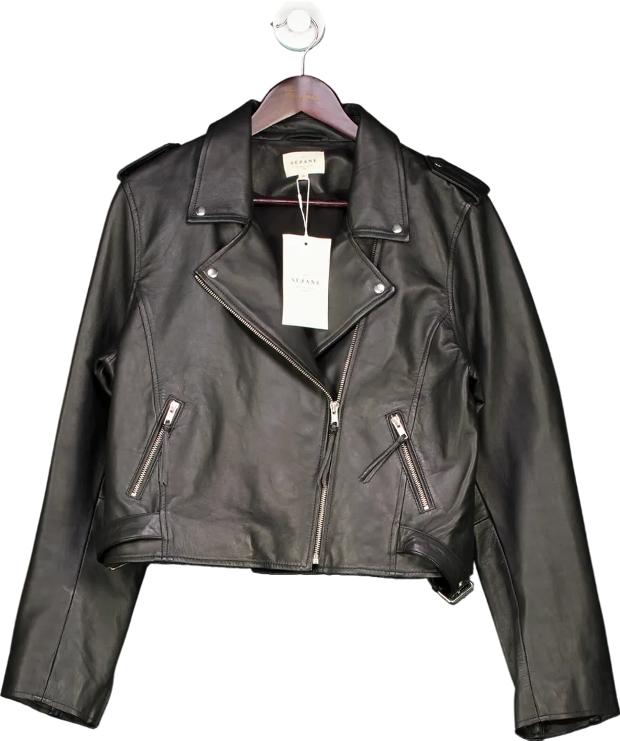 Sezane Black Zig Leather Jacket UK 16