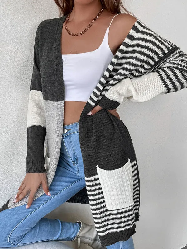 Striped Color Blocking Buttonless Knit Cardigan Sweater