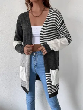 Striped Color Blocking Buttonless Knit Cardigan Sweater