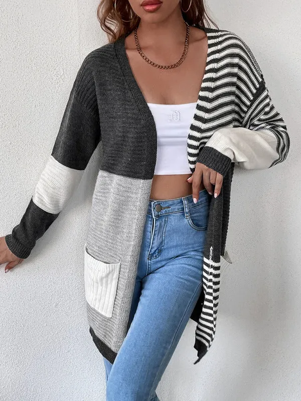 Striped Color Blocking Buttonless Knit Cardigan Sweater