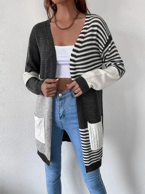 Striped Color Blocking Buttonless Knit Cardigan Sweater