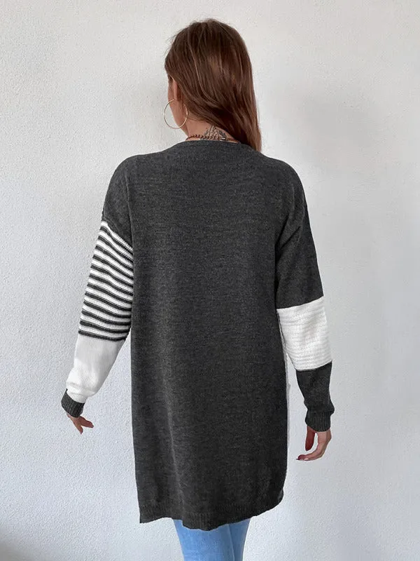 Striped Color Blocking Buttonless Knit Cardigan Sweater