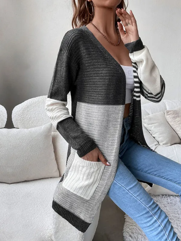 Striped Color Blocking Buttonless Knit Cardigan Sweater