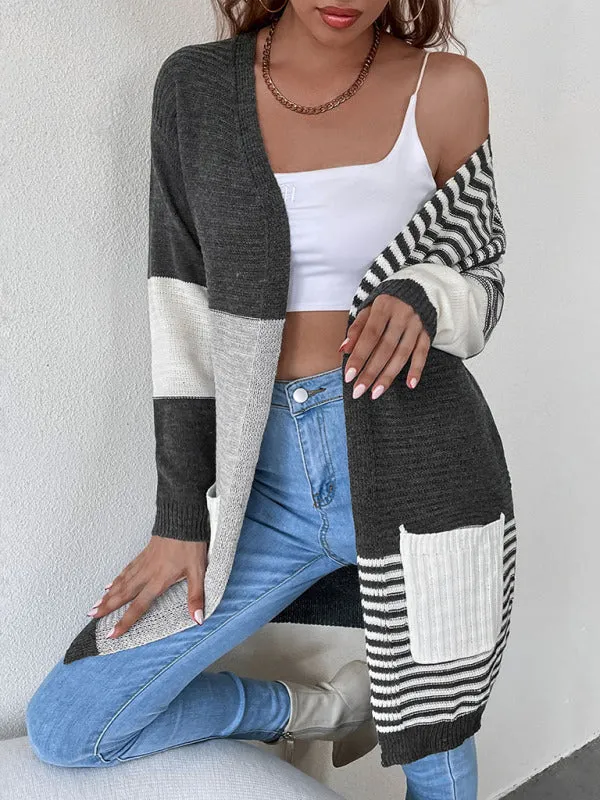Striped Color Blocking Buttonless Knit Cardigan Sweater